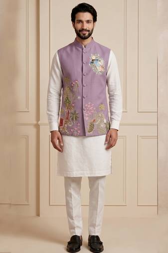 Men embroidered designer kurta trouser and waistcoat set