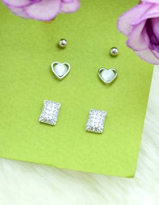 modern square and heart shape combo of 3 silver plated stud earring for women and girls 1