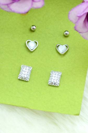 modern square and heart shape combo of 3 silver plated stud earring for women and girls