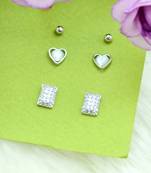 modern square and heart shape combo of 3 silver plated stud earring for women and girls