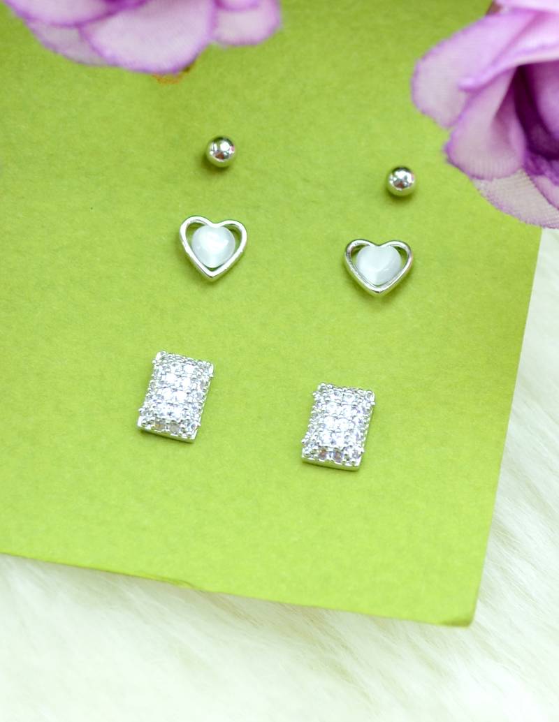 modern square and heart shape combo of 3 silver plated stud earring for women and girls