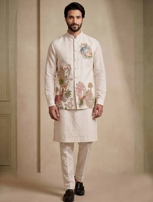 Men embroidered designer kurta trouser and waistcoat set 1