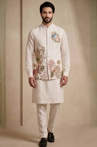 Men embroidered designer kurta trouser and waistcoat set