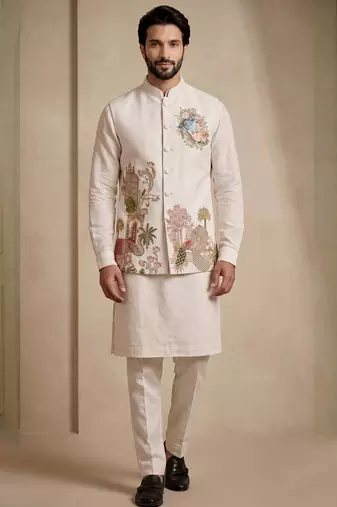 Men embroidered designer kurta trouser and waistcoat set