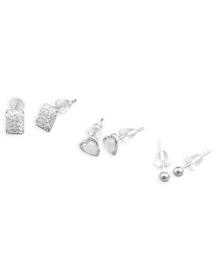 modern square and heart shape combo of 3 silver plated stud earring for women and girls 2