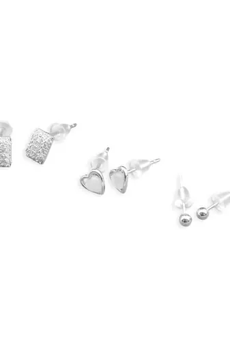 modern square and heart shape combo of 3 silver plated stud earring for women and girls