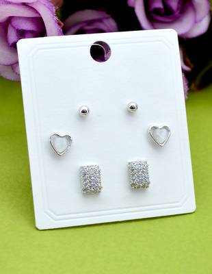 modern square and heart shape combo of 3 silver plated stud earring for women and girls 3