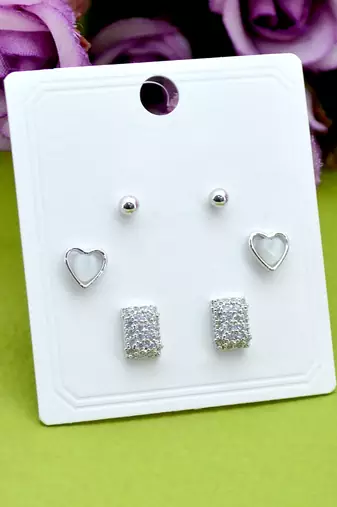 modern square and heart shape combo of 3 silver plated stud earring for women and girls