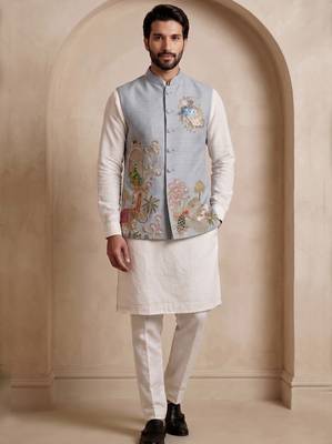 Men embroidered designer kurta trouser and waistcoat set 1