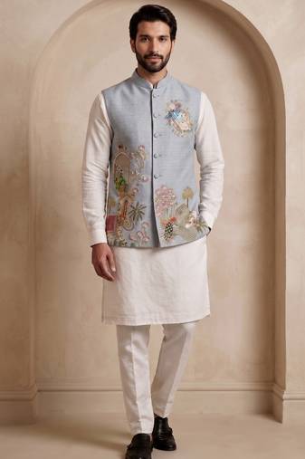 Men embroidered designer kurta trouser and waistcoat set