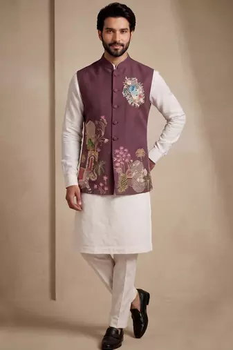 Men embroidered designer kurta trouser and waistcoat set