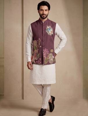 Men embroidered designer kurta trouser and waistcoat set 3