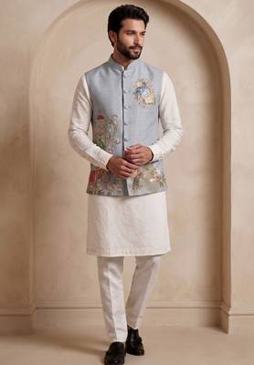 Men embroidered designer kurta trouser and waistcoat set 2