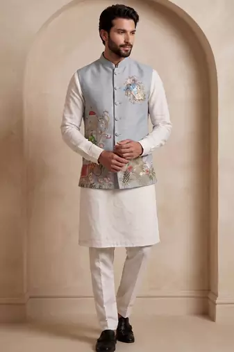 Men embroidered designer kurta trouser and waistcoat set
