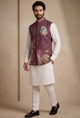 Men embroidered designer kurta trouser and waistcoat set 4