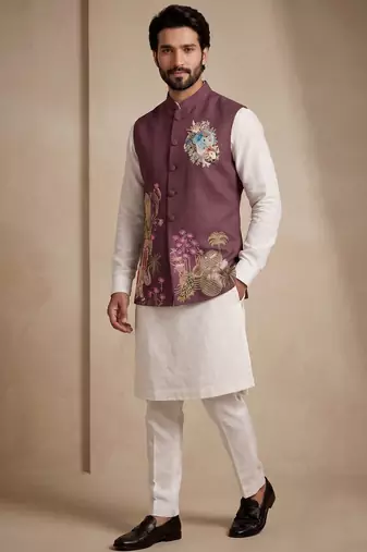 Men embroidered designer kurta trouser and waistcoat set