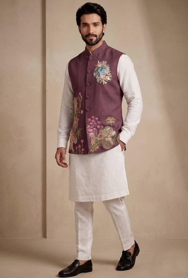 Men embroidered designer kurta trouser and waistcoat set
