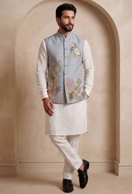 Men embroidered designer kurta trouser and waistcoat set 3
