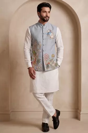 Men embroidered designer kurta trouser and waistcoat set