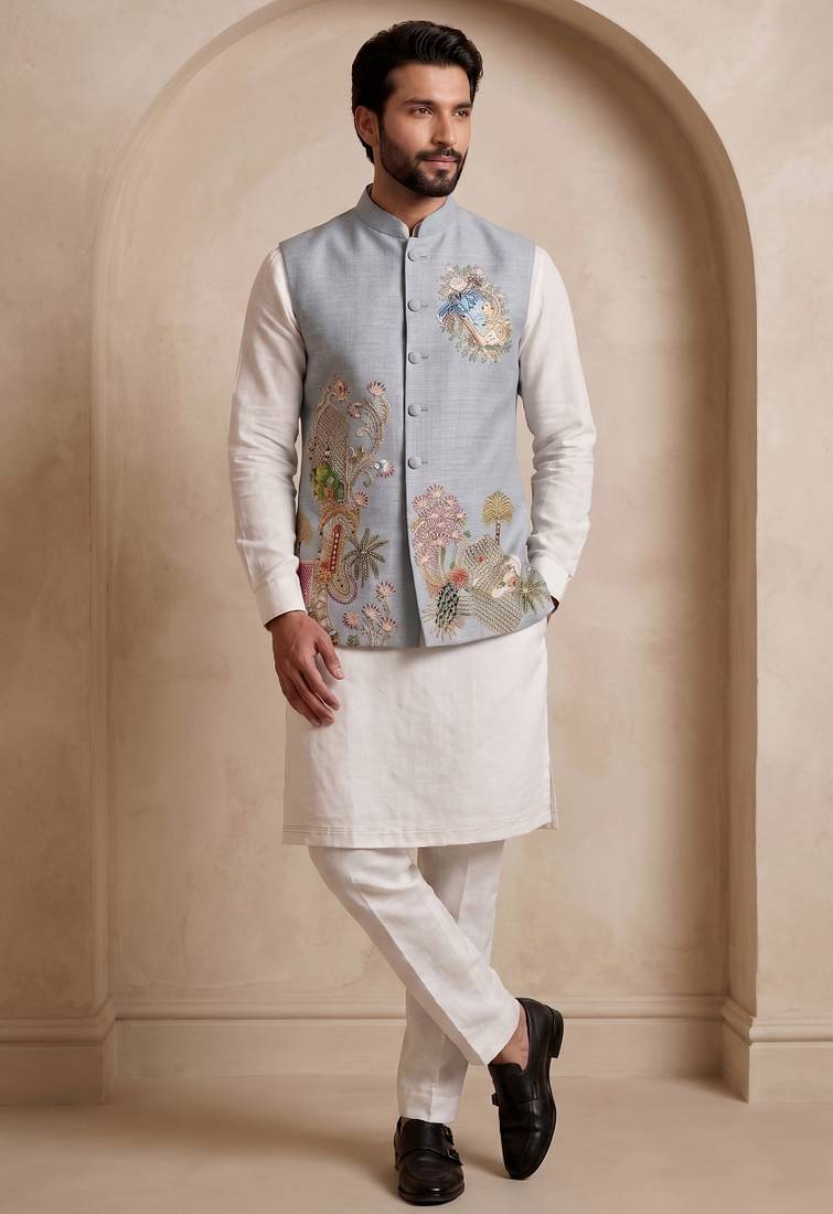 Men embroidered designer kurta trouser and waistcoat set