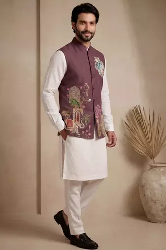 Men embroidered designer kurta trouser and waistcoat set
