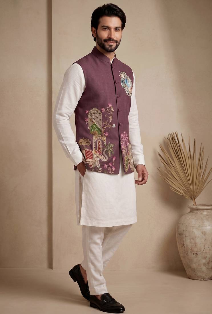 Men embroidered designer kurta trouser and waistcoat set