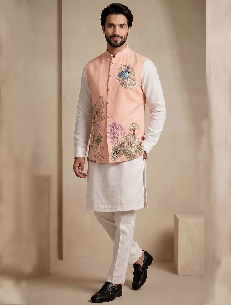 Men embroidered designer kurta trouser and waistcoat set