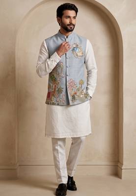 Men embroidered designer kurta trouser and waistcoat set 4