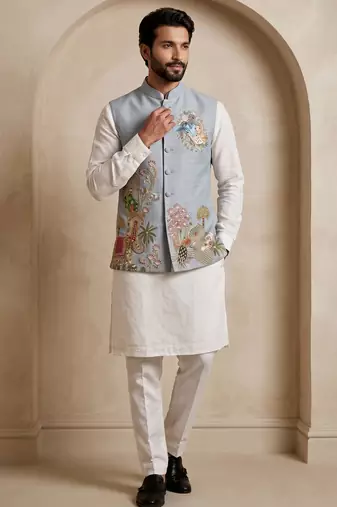 Men embroidered designer kurta trouser and waistcoat set