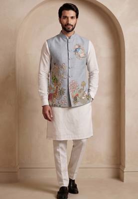 Men embroidered designer kurta trouser and waistcoat set 5