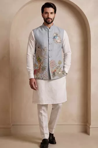 Men embroidered designer kurta trouser and waistcoat set