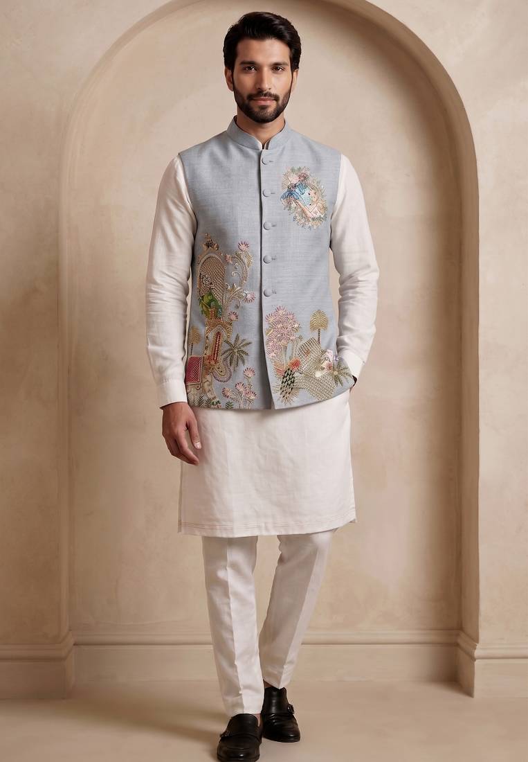 Men embroidered designer kurta trouser and waistcoat set