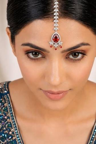 silver plated ruby red tear drop maangtika, cz bridal headpiece, kundan inspired forehead jewellery
