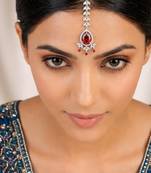 silver plated ruby red tear drop maangtika, cz bridal headpiece, kundan inspired forehead jewellery