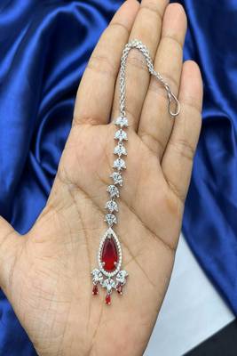 silver plated ruby red tear drop maangtika, cz bridal headpiece, kundan inspired forehead jewellery 2