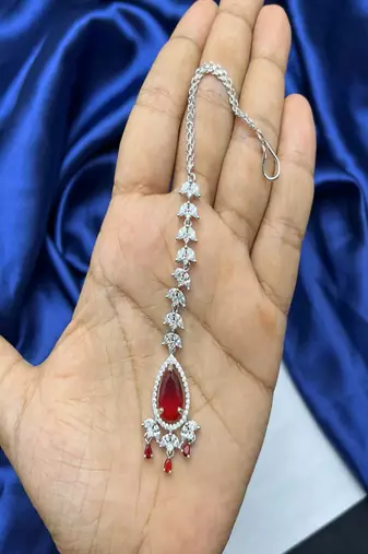 silver plated ruby red tear drop maangtika, cz bridal headpiece, kundan inspired forehead jewellery