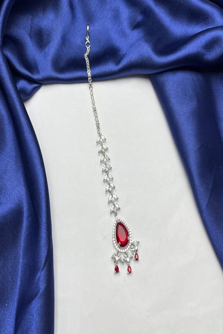 silver plated ruby red tear drop maangtika, cz bridal headpiece, kundan inspired forehead jewellery