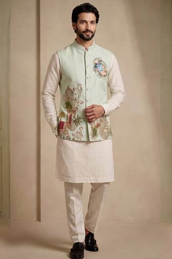 Men embroidered designer kurta trouser and waistcoat set
