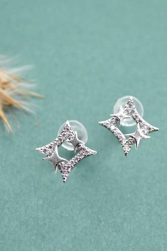 stylish star design cz brass silver plated stud earring for women and girls