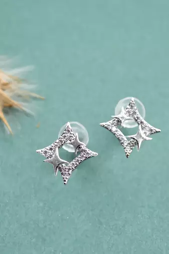stylish star design cz brass silver plated stud earring for women and girls