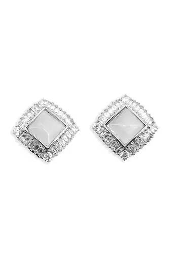 trendy square shape kundan brass silver plated stud earring for women and girls