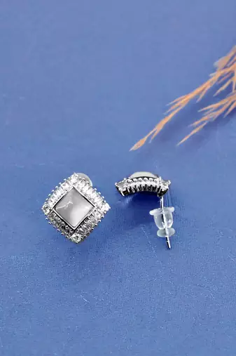 trendy square shape kundan brass silver plated stud earring for women and girls