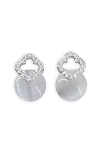 pretty circle shape grey pearl cz brass silver plated stud earring for women and girls