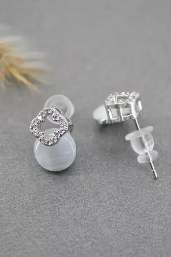 pretty circle shape grey pearl cz brass silver plated stud earring for women and girls