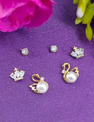 modern duck bird design pearl cz kundan brass gold plated set of 3 combo stud earring for women 1