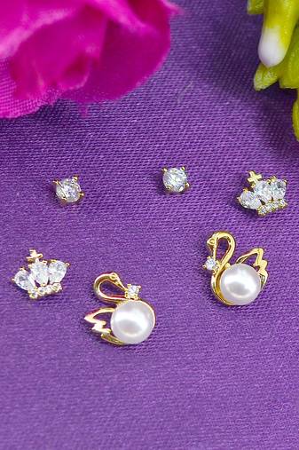 modern duck bird design pearl cz kundan brass gold plated set of 3 combo stud earring for women