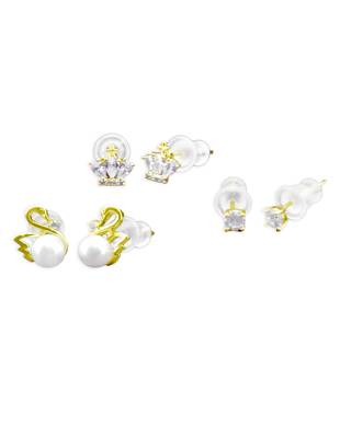 modern duck bird design pearl cz kundan brass gold plated set of 3 combo stud earring for women 2