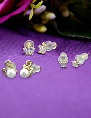 modern duck bird design pearl cz kundan brass gold plated set of 3 combo stud earring for women 3