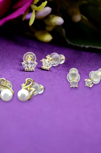 modern duck bird design pearl cz kundan brass gold plated set of 3 combo stud earring for women