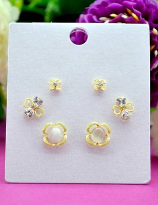 modish flower design pearl cz brass gold plated set of 3 combo stud earring for women and girls 1